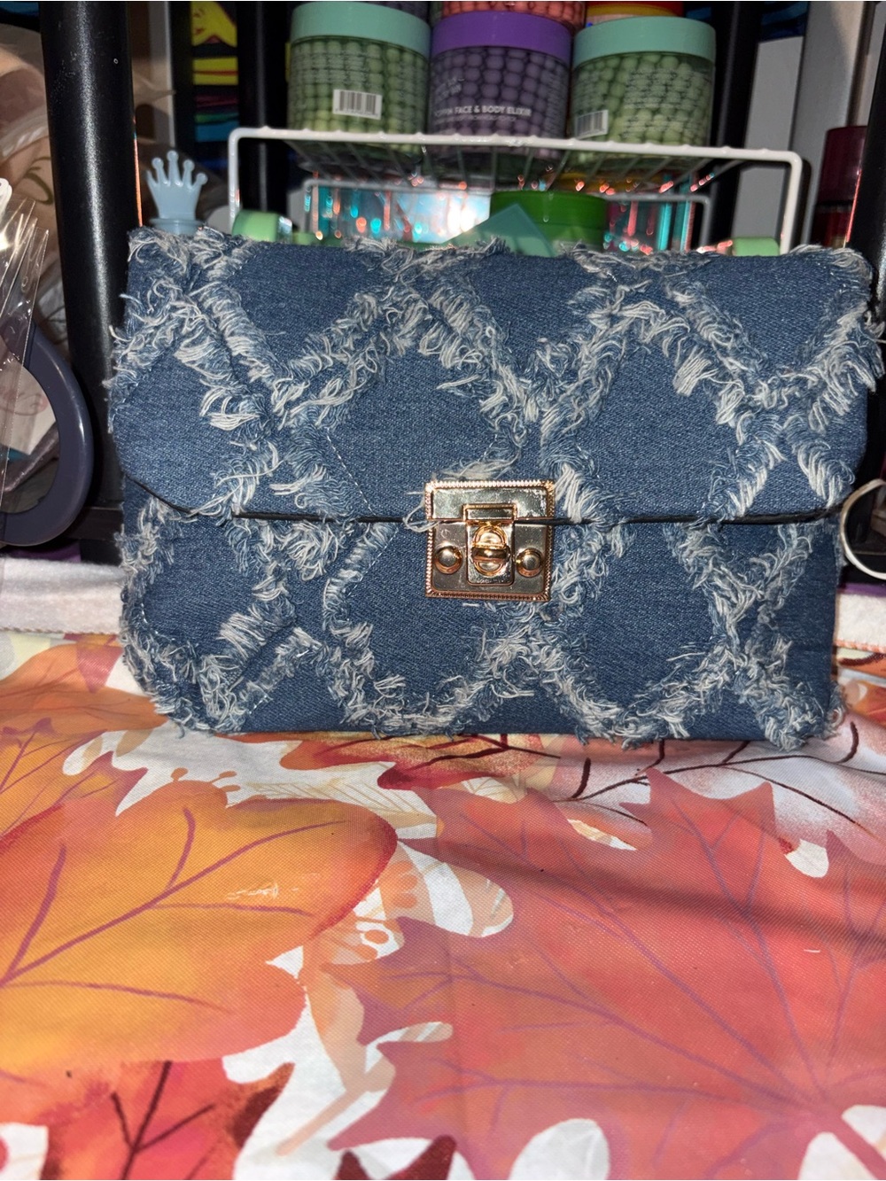 Denim Textured Crossbody Bag with Gold Lock